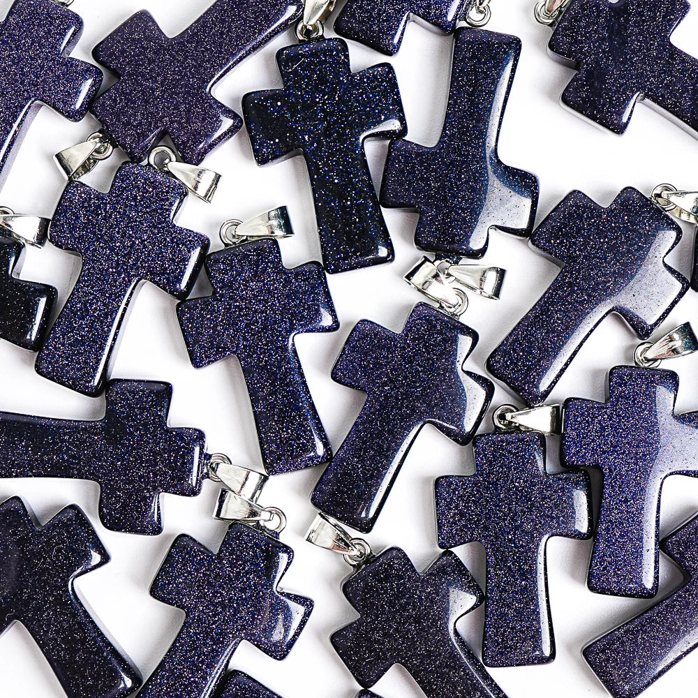 1Pcs Handmade 31X21X7MM Night Sky Blue Goldstone Cross Pendant Natural Stone Necklace for Good Luck & Positive Energy