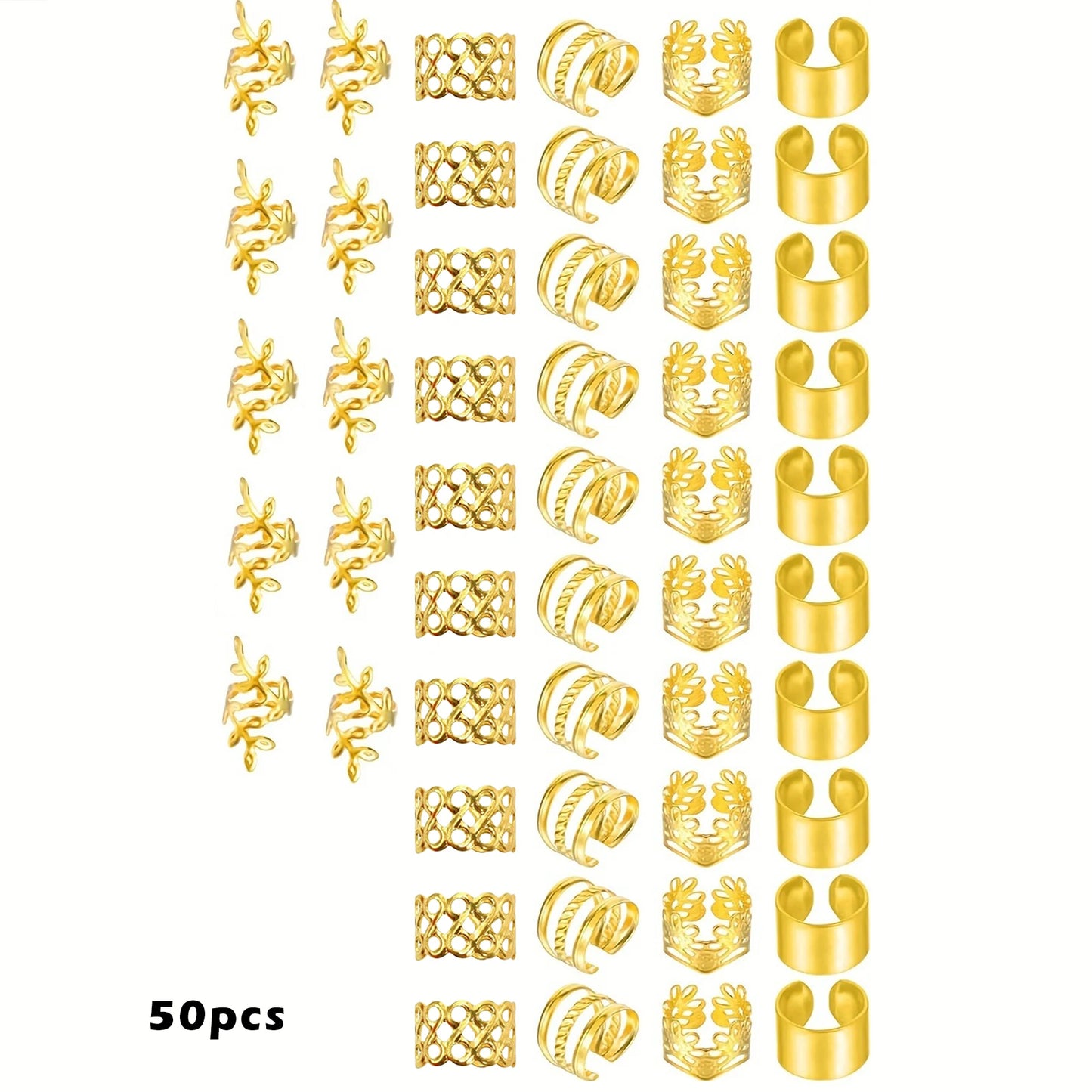 50pcs DIY Wig Hair Accessories Set, Alloy Golden Ring Clips & Hairops, Elegant & Cute Round Hair Pendants with Hollow