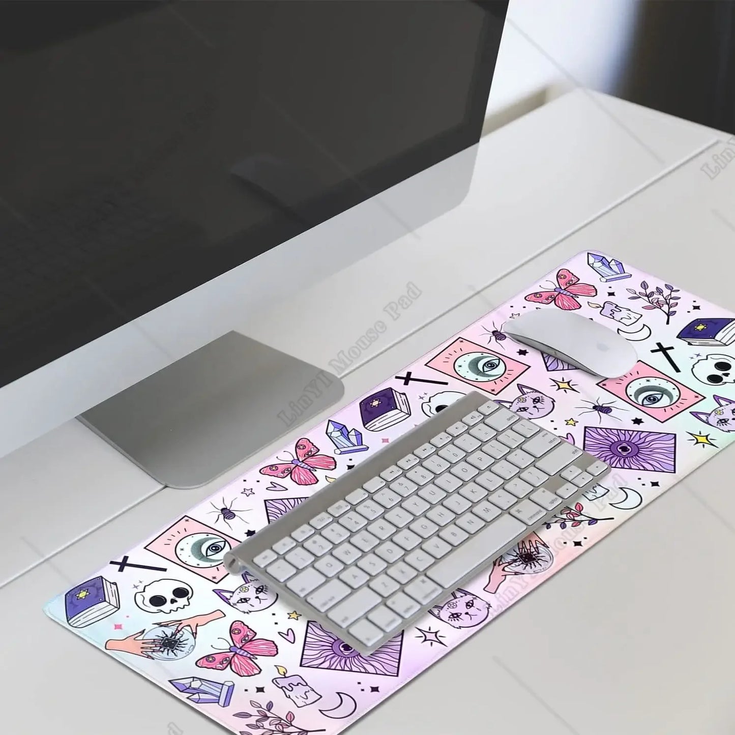 Kawaii Mouse Pad XL Cute Large Gaming Mouse Pad Purple Pink Witch Mouse Pad Spooky Halloween Witch Desk Decor 31.5 X 11.8 Inch