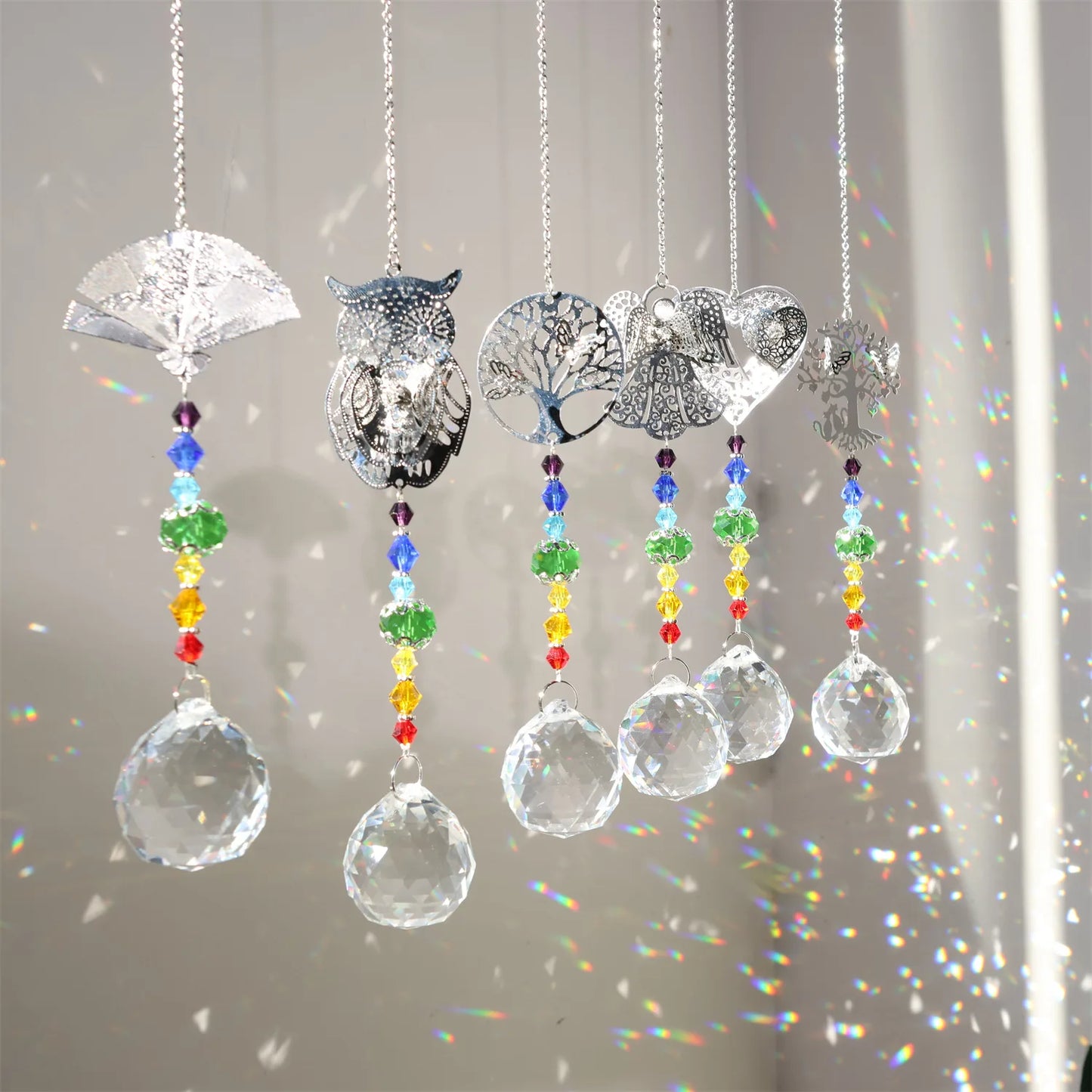 Crystal Sun Catcher Metal Piece Owl Tree Love Fan Angel Pendant Suncatcher Outdoor Garden Decor Rainbow Maker Home Decors 2024