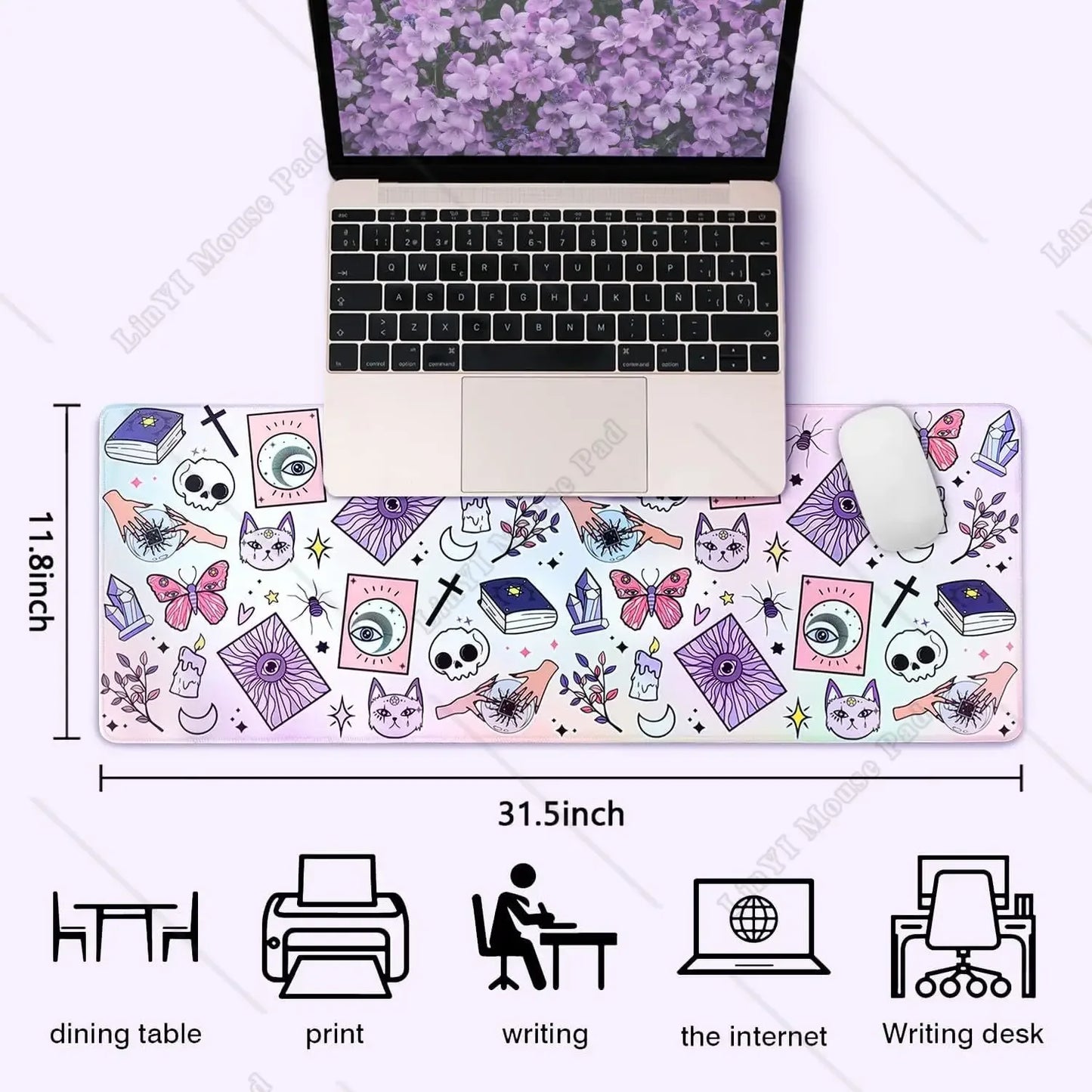 Kawaii Mouse Pad XL Cute Large Gaming Mouse Pad Purple Pink Witch Mouse Pad Spooky Halloween Witch Desk Decor 31.5 X 11.8 Inch