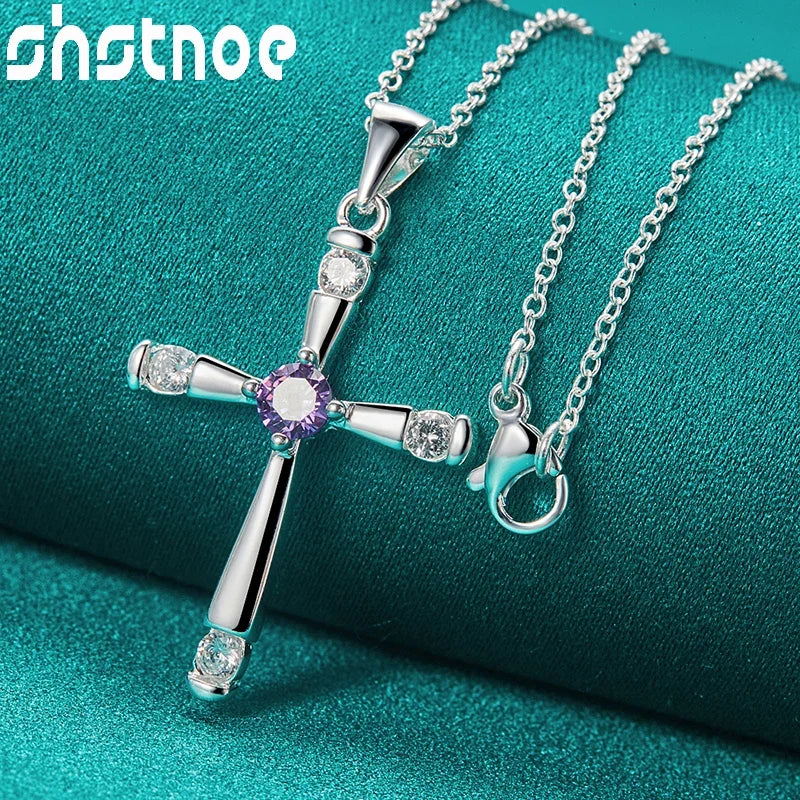 SHSTONE 925 Sterling Silver Purple Zircon Cross Pendant Necklace For Women 40-75cm Chain Birthday Party Fashion Charm Jewelry