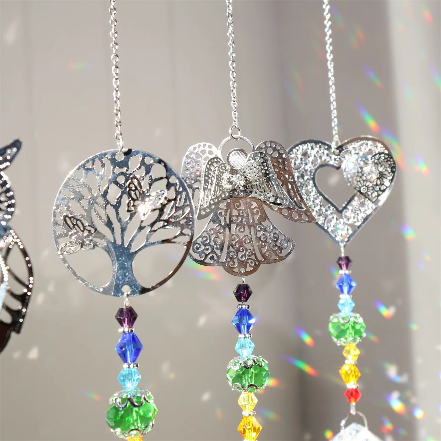 Crystal Sun Catcher Metal Piece Owl Tree Love Fan Angel Pendant Suncatcher Outdoor Garden Decor Rainbow Maker Home Decors 2024