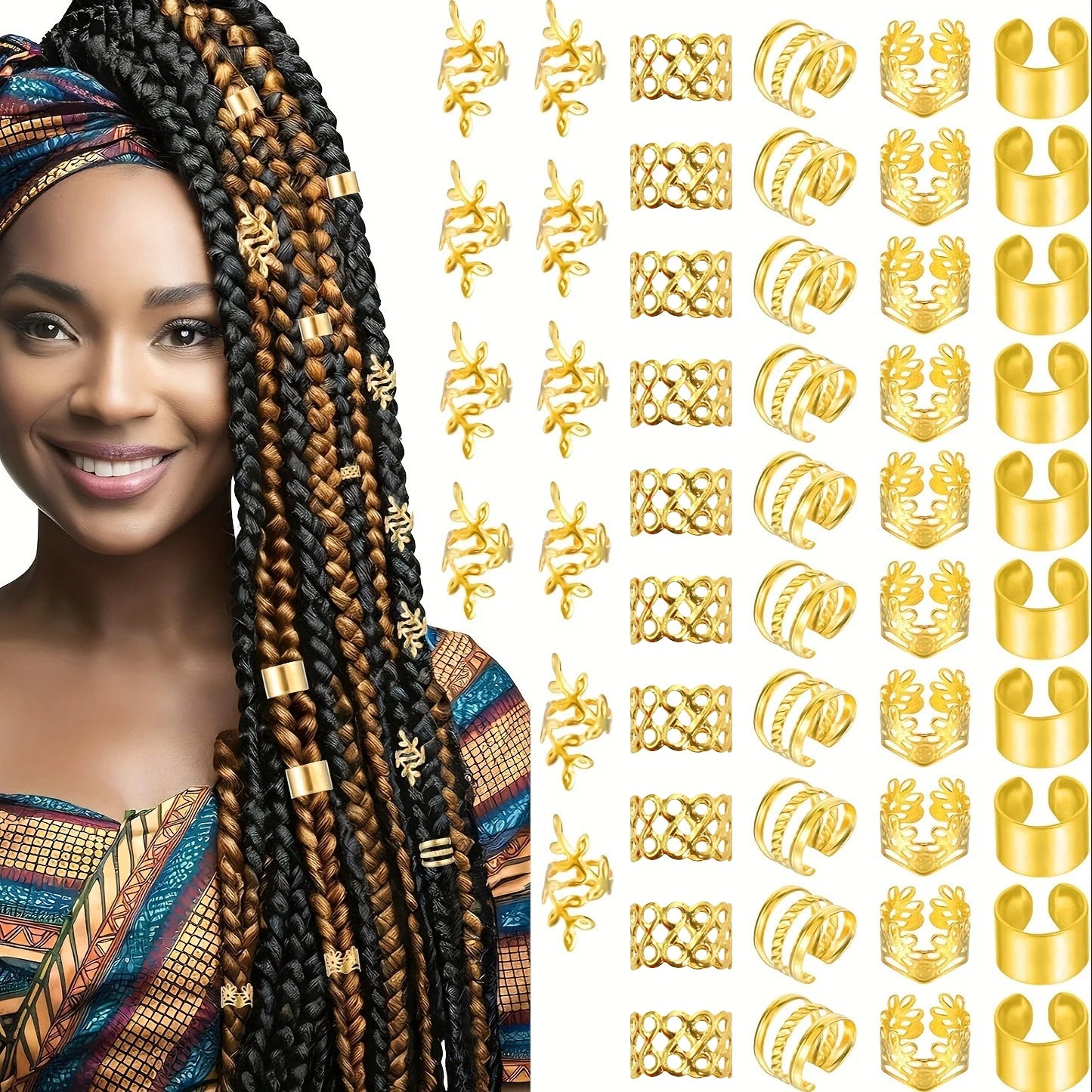 50pcs DIY Wig Hair Accessories Set, Alloy Golden Ring Clips & Hairops, Elegant & Cute Round Hair Pendants with Hollow