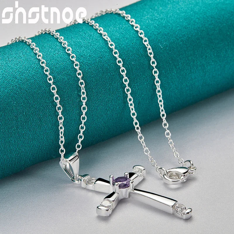 SHSTONE 925 Sterling Silver Purple Zircon Cross Pendant Necklace For Women 40-75cm Chain Birthday Party Fashion Charm Jewelry