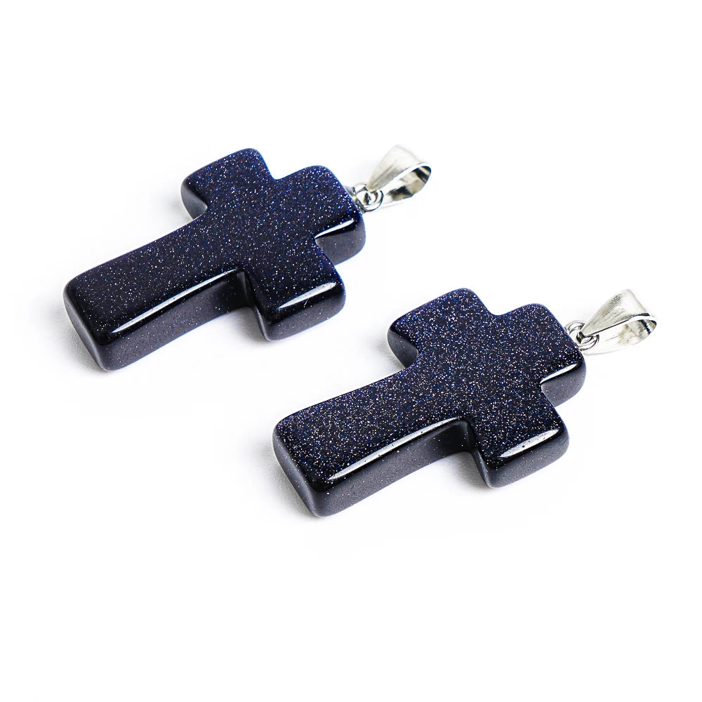 1Pcs Handmade 31X21X7MM Night Sky Blue Goldstone Cross Pendant Natural Stone Necklace for Good Luck & Positive Energy