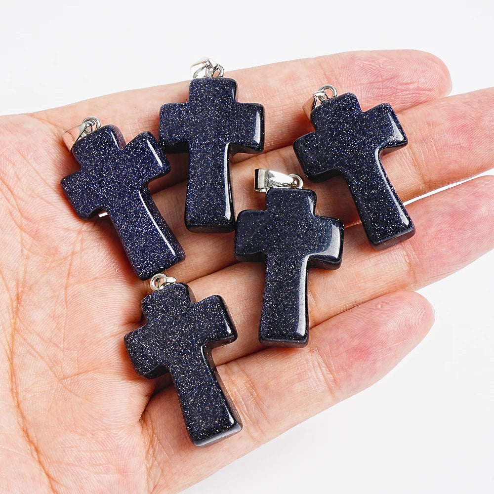 1Pcs Handmade 31X21X7MM Night Sky Blue Goldstone Cross Pendant Natural Stone Necklace for Good Luck & Positive Energy