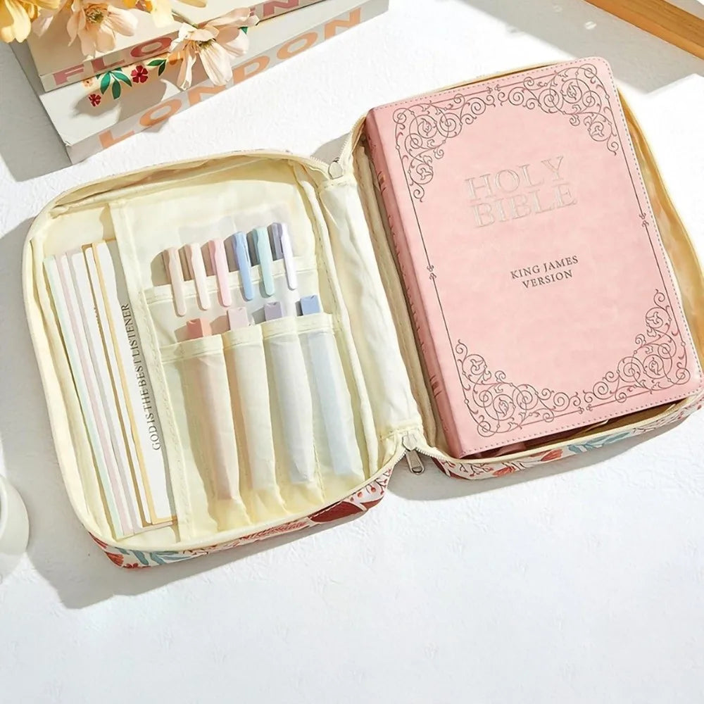 Portable Dustproof Book Storage Bag Flora Large-capacity Bible Cover Case Aesthetic Pouch Stationery Storage Organizer Office