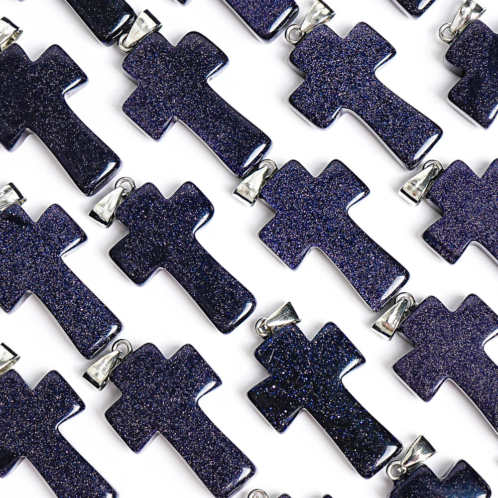1Pcs Handmade 31X21X7MM Night Sky Blue Goldstone Cross Pendant Natural Stone Necklace for Good Luck & Positive Energy