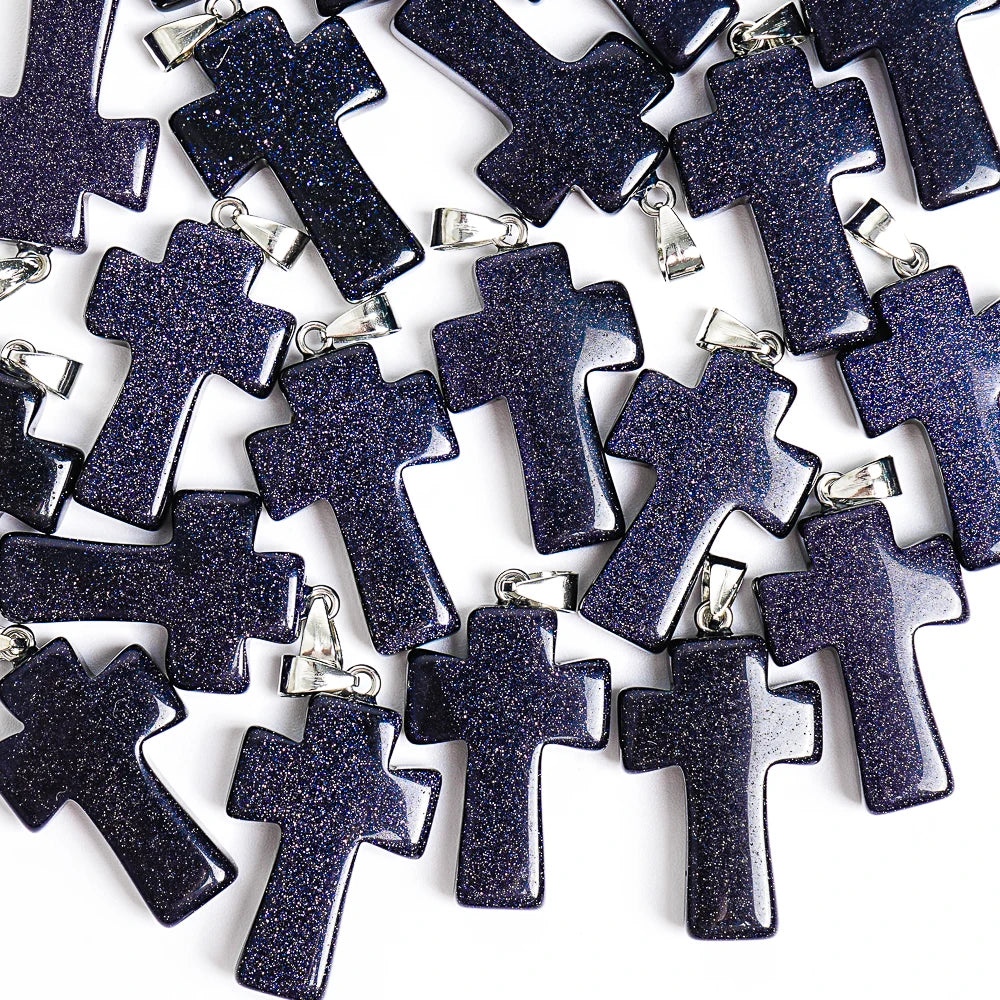 1Pcs Handmade 31X21X7MM Night Sky Blue Goldstone Cross Pendant Natural Stone Necklace for Good Luck & Positive Energy