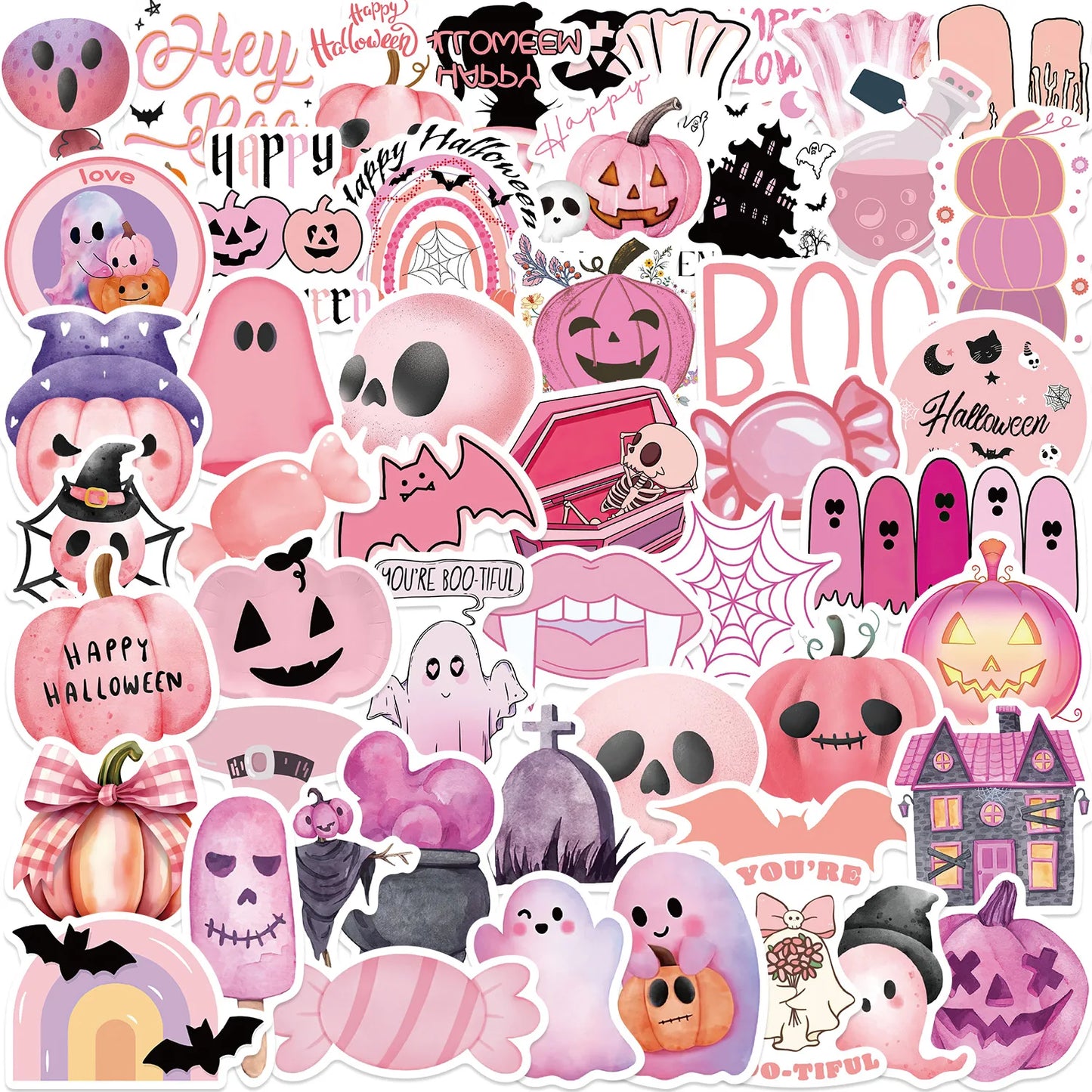 50PCS Kawaii Pink Halloween Ghost Skull Pumpkin Stickers Notebook Guitar Skateboard Waterproof Cute Decorative Sticker Toy