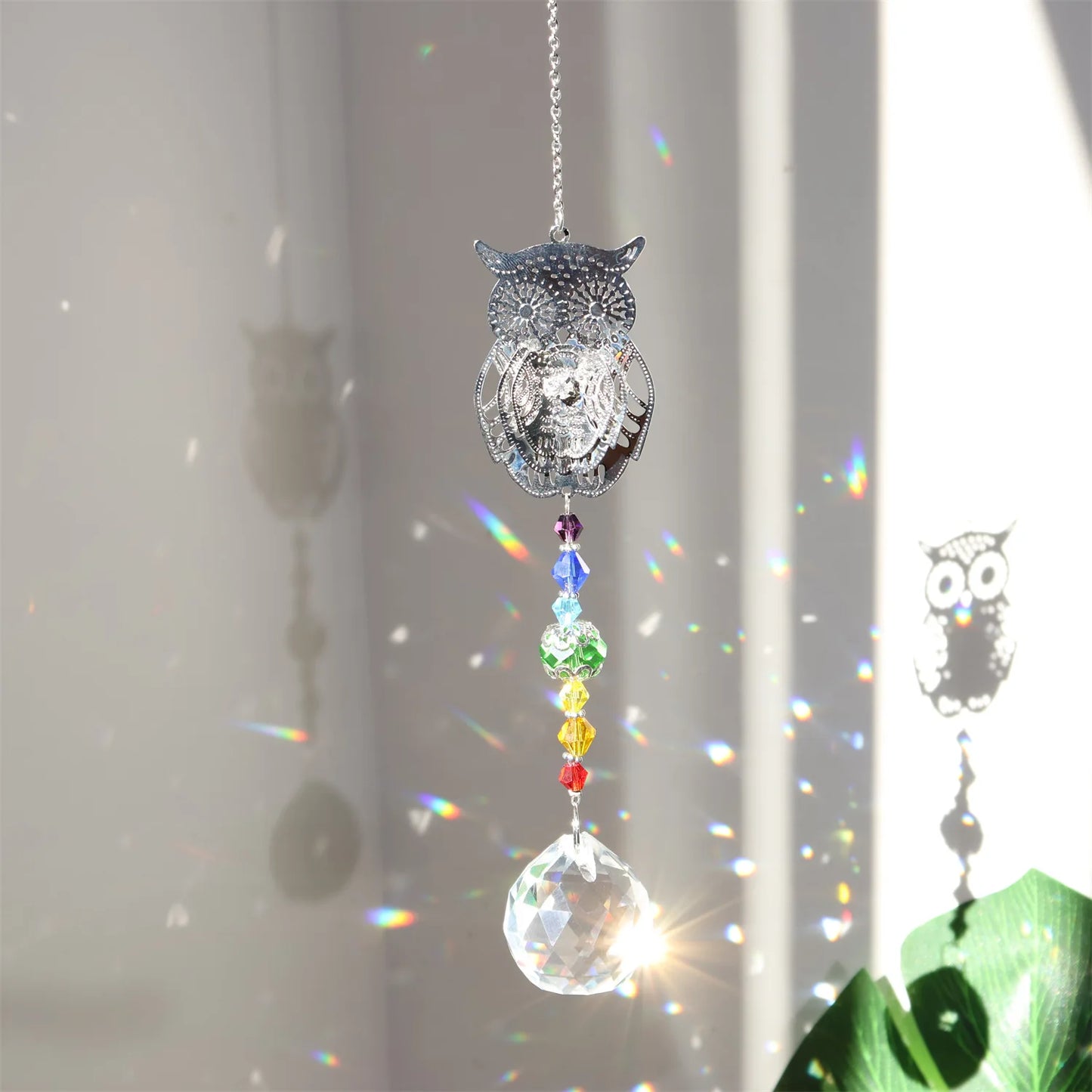 Crystal Sun Catcher Metal Piece Owl Tree Love Fan Angel Pendant Suncatcher Outdoor Garden Decor Rainbow Maker Home Decors 2024