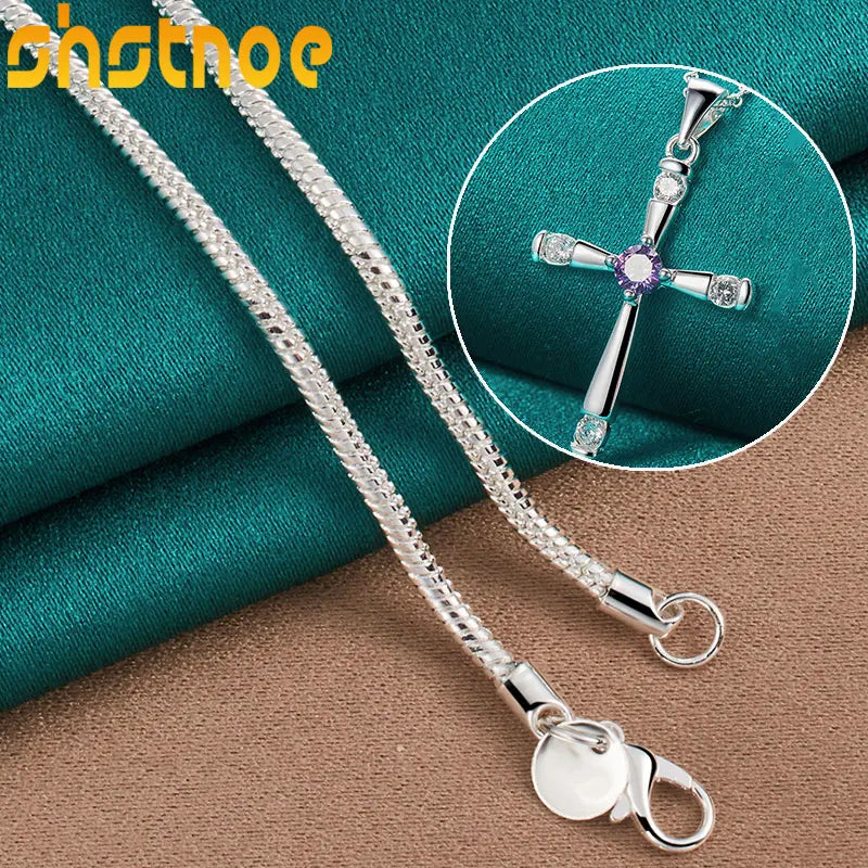SHSTONE 925 Sterling Silver Purple Zircon Cross Pendant Necklace For Women 40-75cm Chain Birthday Party Fashion Charm Jewelry