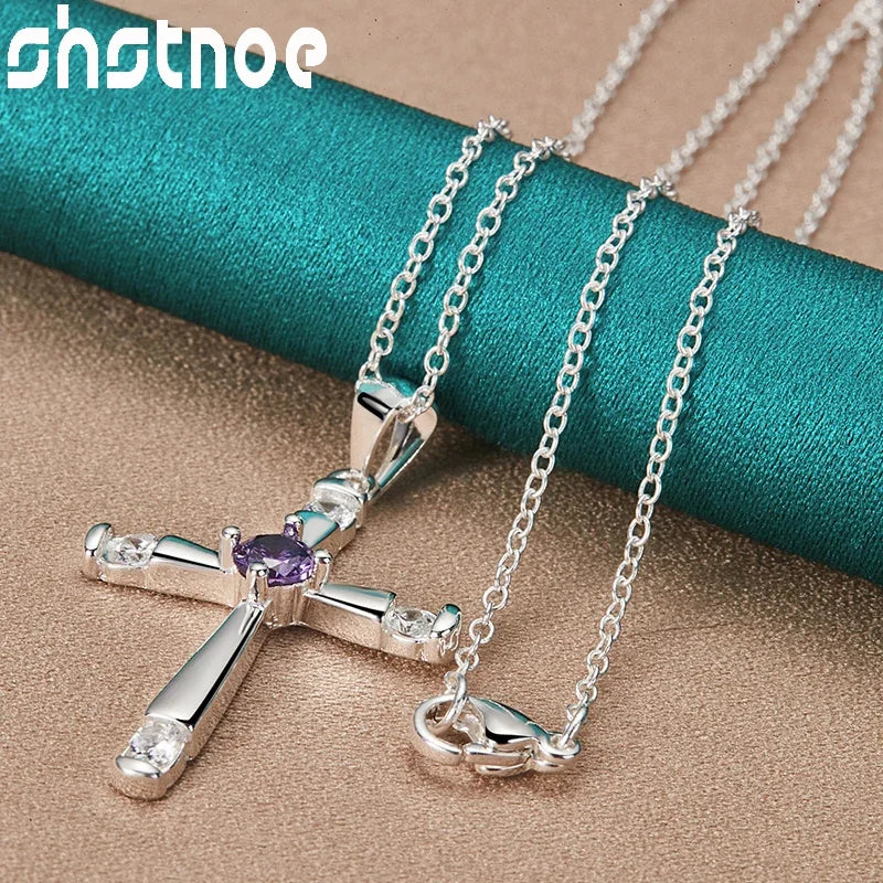 SHSTONE 925 Sterling Silver Purple Zircon Cross Pendant Necklace For Women 40-75cm Chain Birthday Party Fashion Charm Jewelry