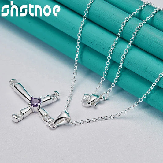 SHSTONE 925 Sterling Silver Purple Zircon Cross Pendant Necklace For Women 40-75cm Chain Birthday Party Fashion Charm Jewelry
