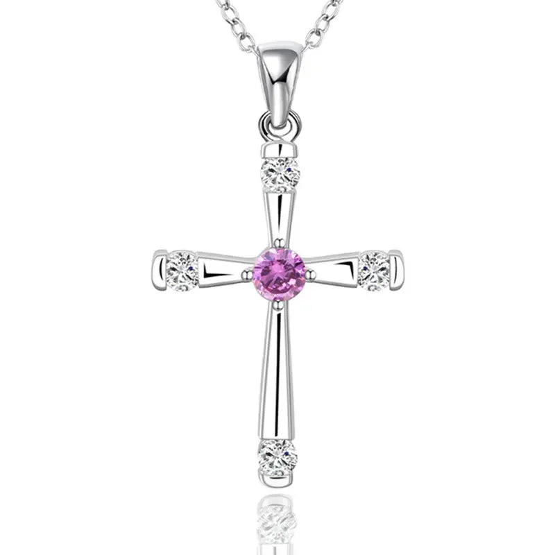 SHSTONE 925 Sterling Silver Purple Zircon Cross Pendant Necklace For Women 40-75cm Chain Birthday Party Fashion Charm Jewelry