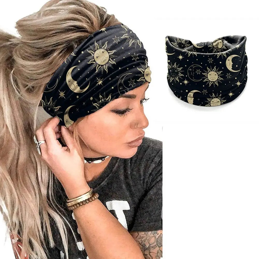 New Elastic Wide Headbands Vintage Knot Boho Turban Star Printed Wide Brim Printed Headscarf Yoga
