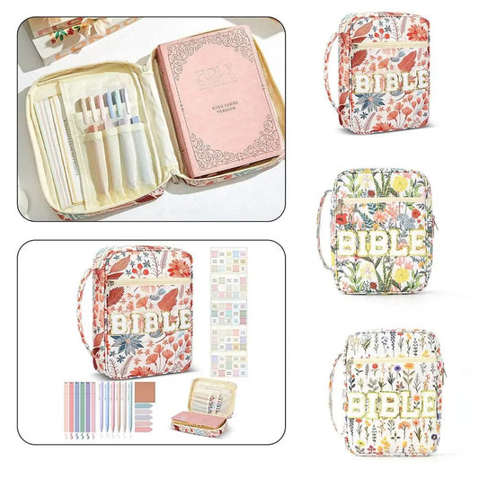 Portable Dustproof Book Storage Bag Flora Large-capacity Bible Cover Case Aesthetic Pouch Stationery Storage Organizer Office