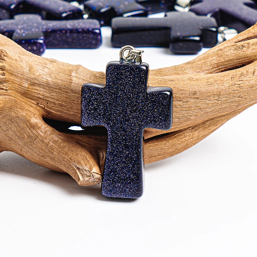 1Pcs Handmade 31X21X7MM Night Sky Blue Goldstone Cross Pendant Natural Stone Necklace for Good Luck & Positive Energy