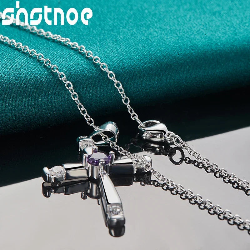 SHSTONE 925 Sterling Silver Purple Zircon Cross Pendant Necklace For Women 40-75cm Chain Birthday Party Fashion Charm Jewelry