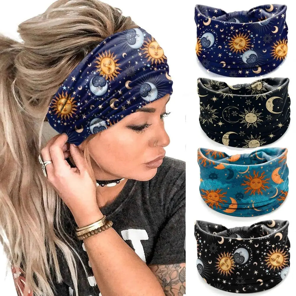 New Elastic Wide Headbands Vintage Knot Boho Turban Star Printed Wide Brim Printed Headscarf Yoga