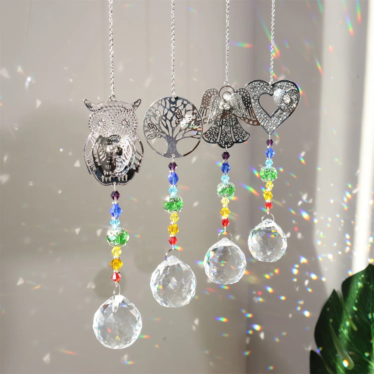 Crystal Sun Catcher Metal Piece Owl Tree Love Fan Angel Pendant Suncatcher Outdoor Garden Decor Rainbow Maker Home Decors 2024