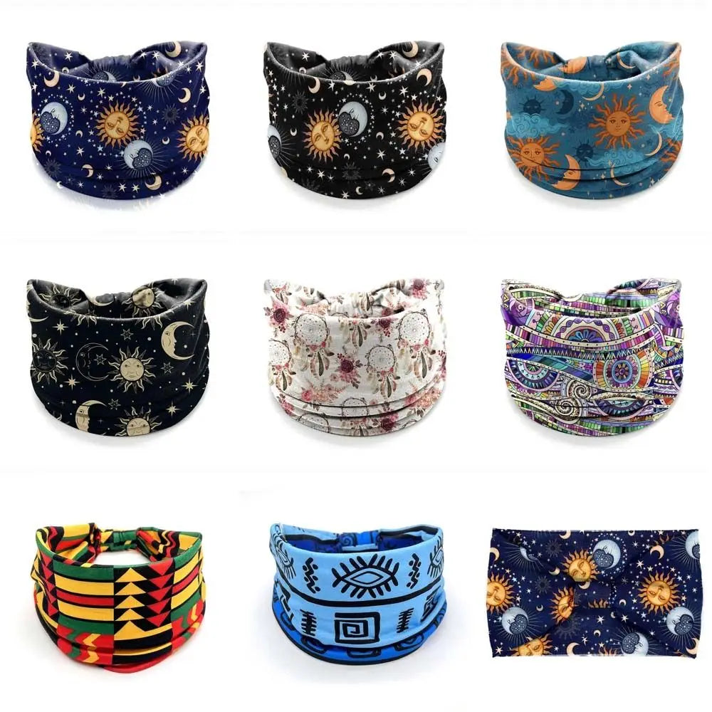 New Elastic Wide Headbands Vintage Knot Boho Turban Star Printed Wide Brim Printed Headscarf Yoga