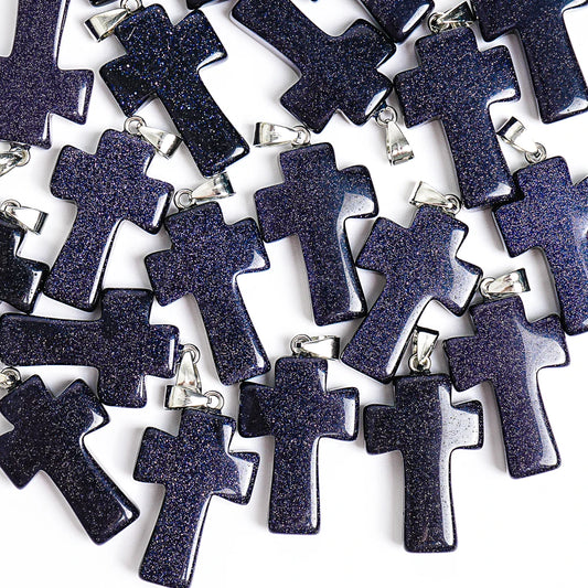 1Pcs Handmade 31X21X7MM Night Sky Blue Goldstone Cross Pendant Natural Stone Necklace for Good Luck & Positive Energy