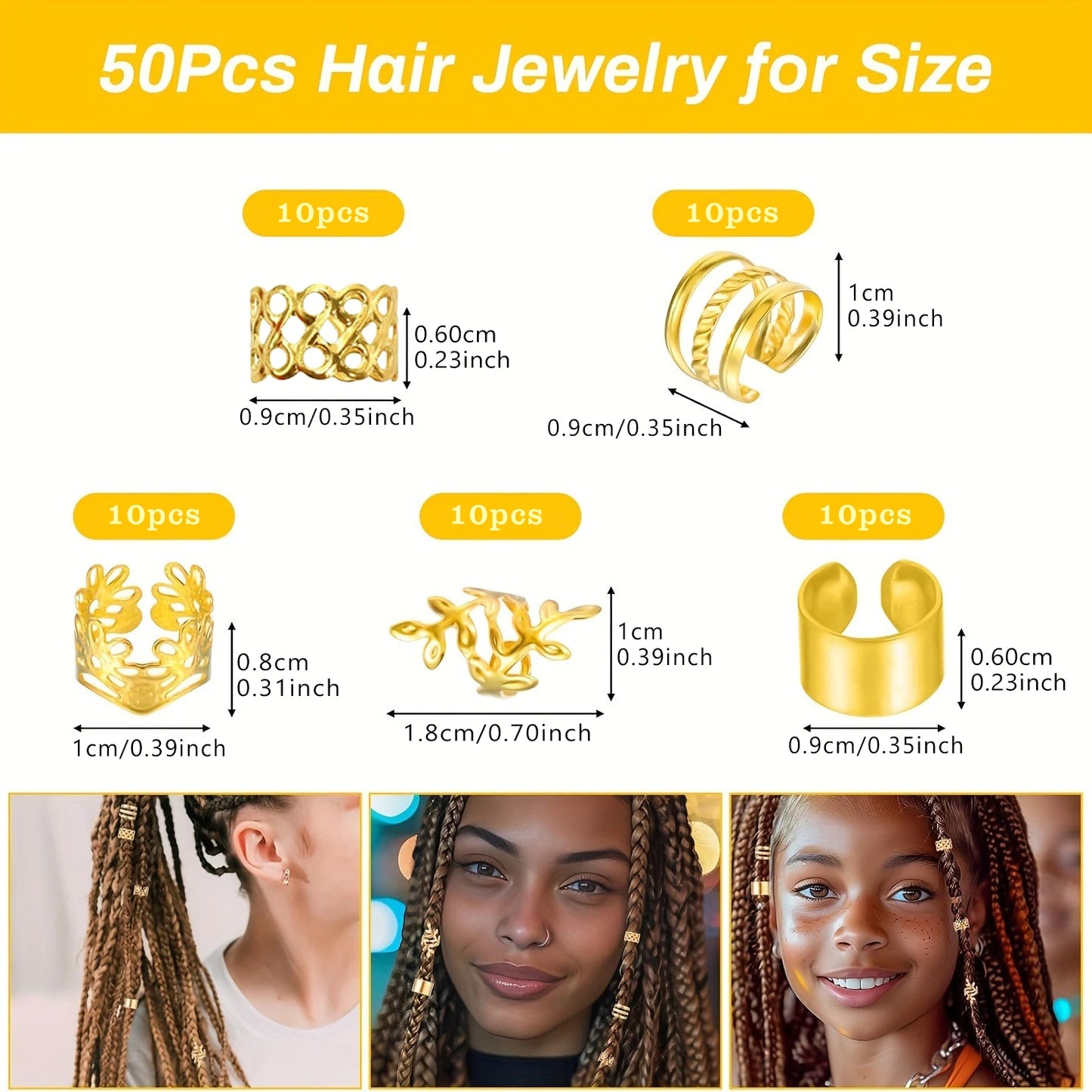 50pcs DIY Wig Hair Accessories Set, Alloy Golden Ring Clips & Hairops, Elegant & Cute Round Hair Pendants with Hollow