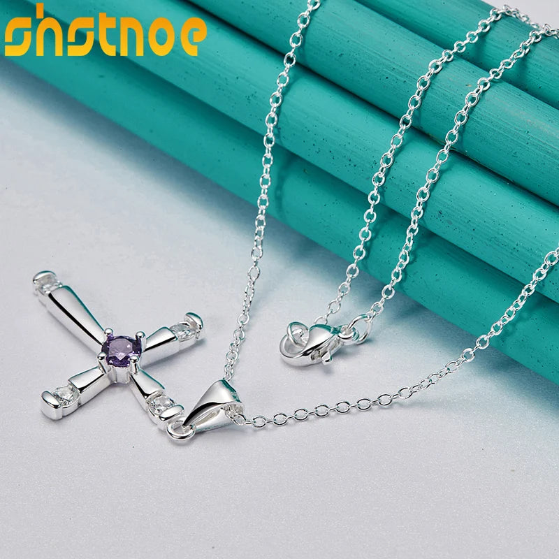 SHSTONE 925 Sterling Silver Purple Zircon Cross Pendant Necklace For Women 40-75cm Chain Birthday Party Fashion Charm Jewelry