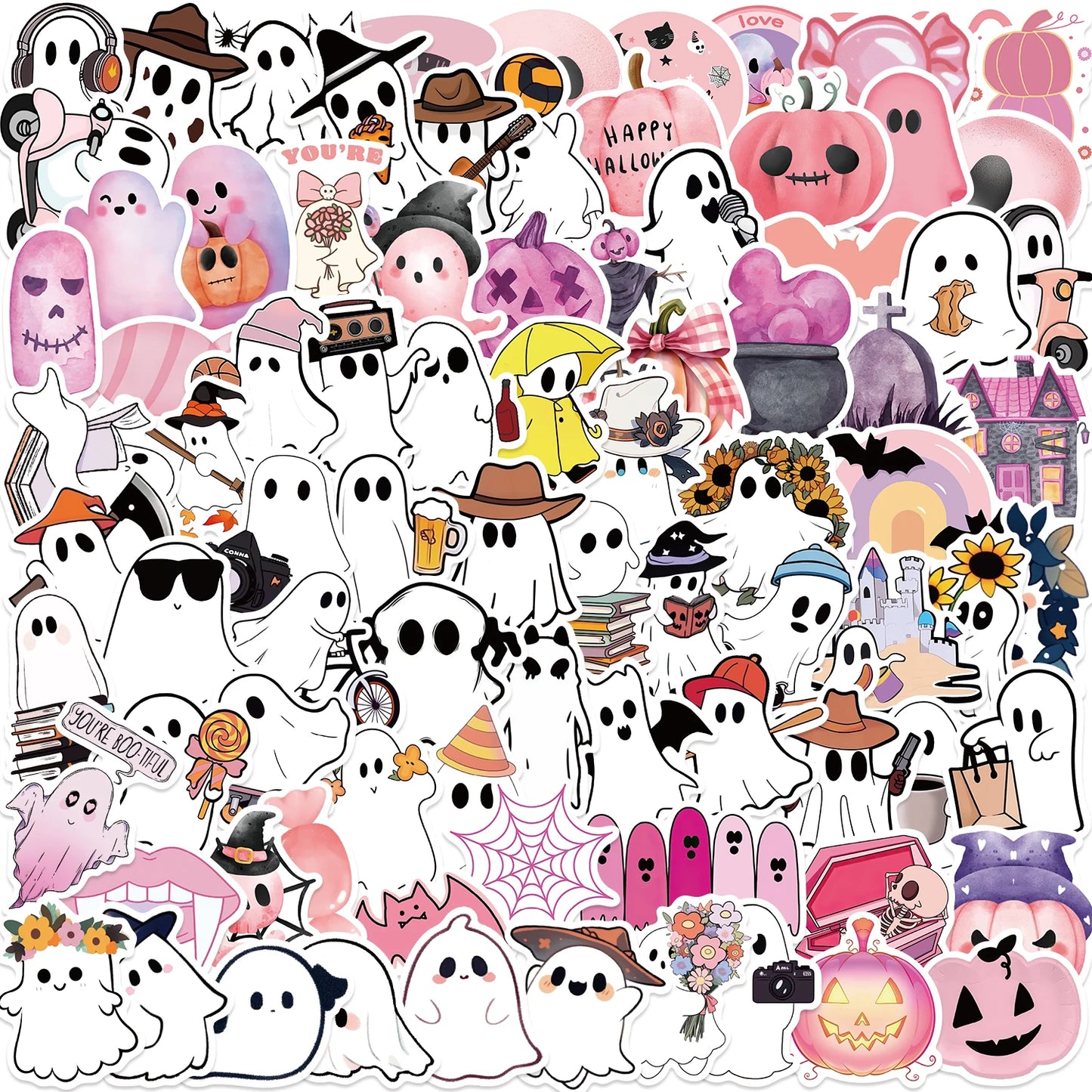 100pcs Funny Cartoon Ghost Stickers For Luggage Guitar Phone Diary Waterproof Graffiti Kids Toy DIY Cute Spooky Laptop Decals