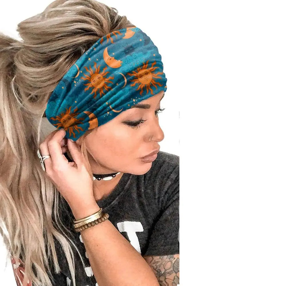 New Elastic Wide Headbands Vintage Knot Boho Turban Star Printed Wide Brim Printed Headscarf Yoga