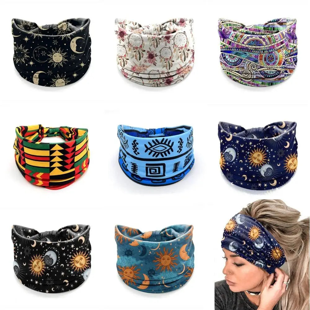 New Elastic Wide Headbands Vintage Knot Boho Turban Star Printed Wide Brim Printed Headscarf Yoga