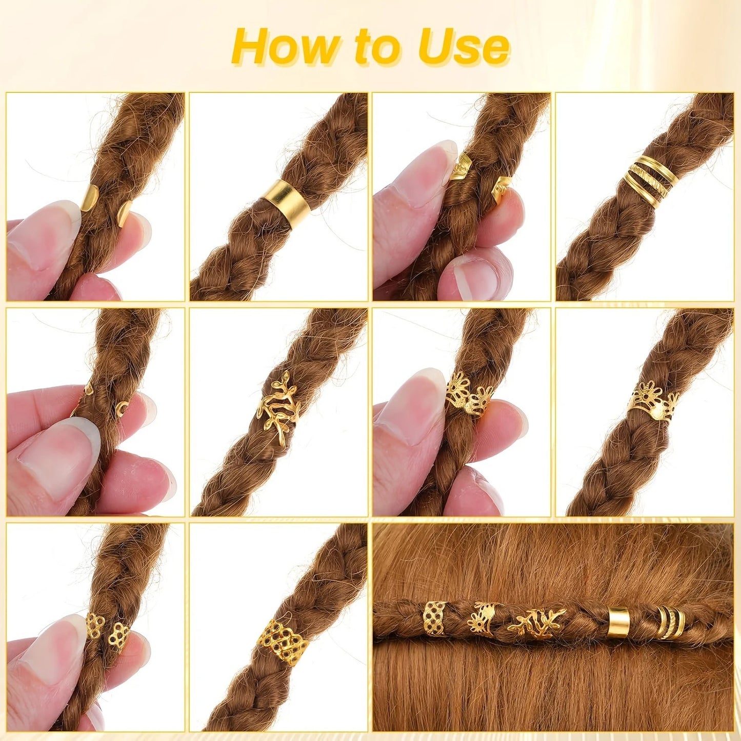 50pcs DIY Wig Hair Accessories Set, Alloy Golden Ring Clips & Hairops, Elegant & Cute Round Hair Pendants with Hollow