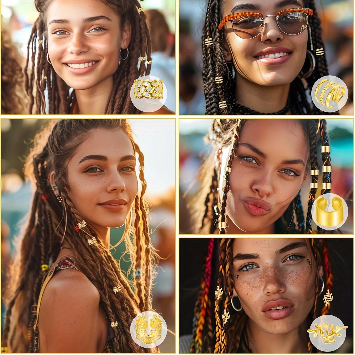 50pcs DIY Wig Hair Accessories Set, Alloy Golden Ring Clips & Hairops, Elegant & Cute Round Hair Pendants with Hollow